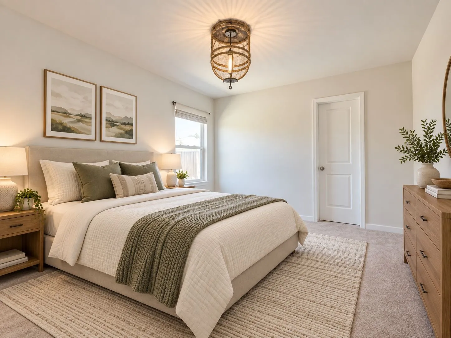 Bright bedroom featuring a single window, a ceiling-mounted light fixture, and light-toned carpeting. Virtually Staged.