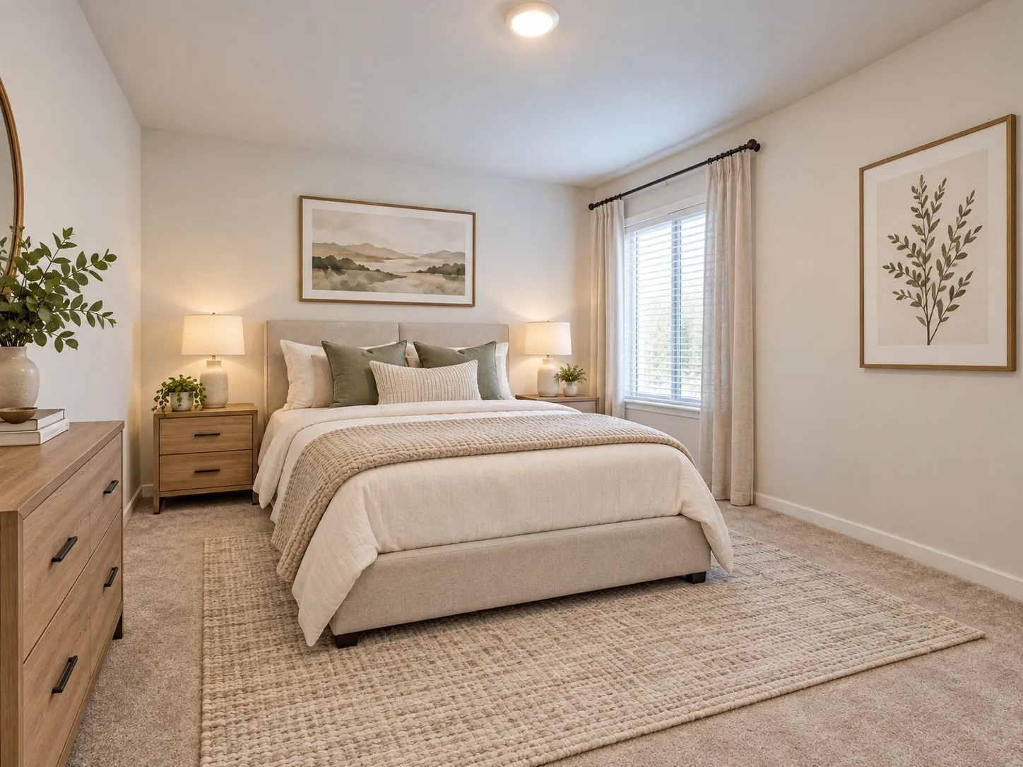 Carpeted bedroom featuring an upholstered bed frame, a window with blinds and drapes, and a flush-mount ceiling light. Virtually Staged.