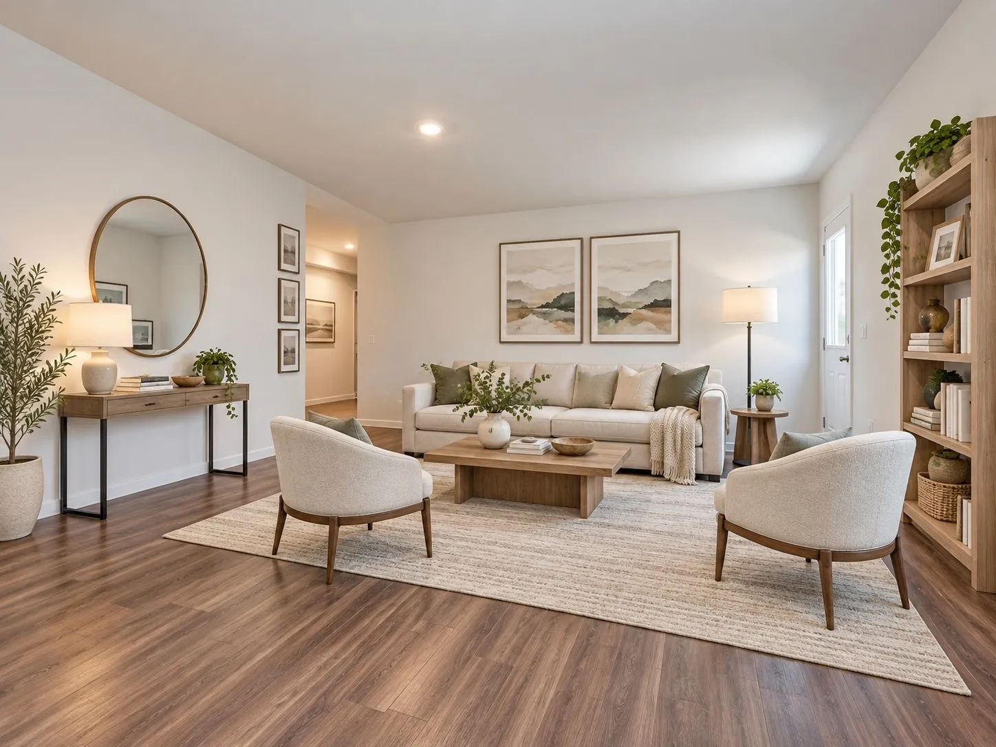 Wood-finish flooring, recessed lighting, and a neutral color palette. Virtually Staged.