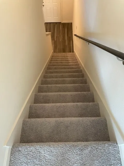 Carpeted staircase with a metal handrail, featuring light-toned walls and wood-finish flooring at the landing