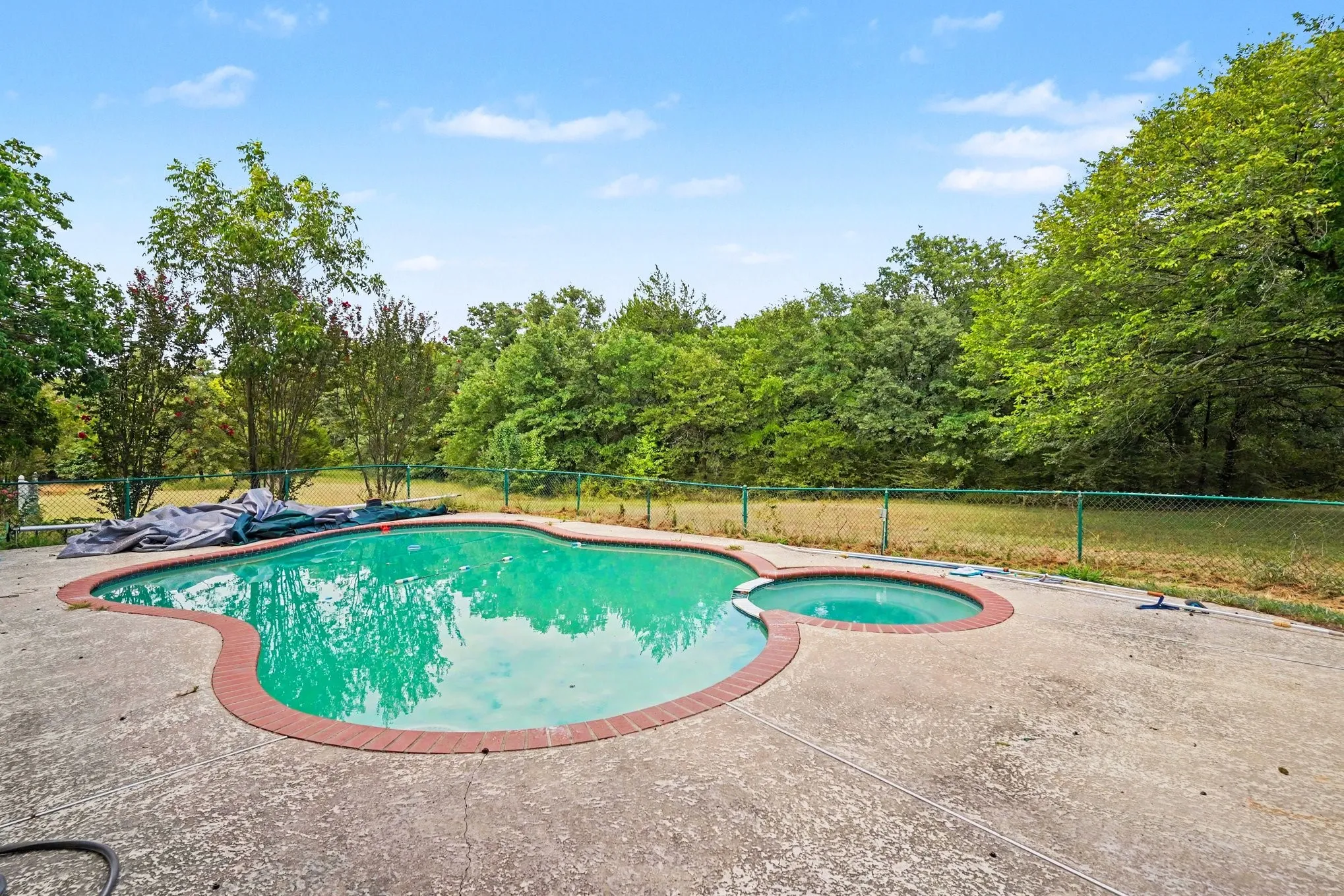 Freeform swimming pool and spa with brick coping and a surrounding concrete patio