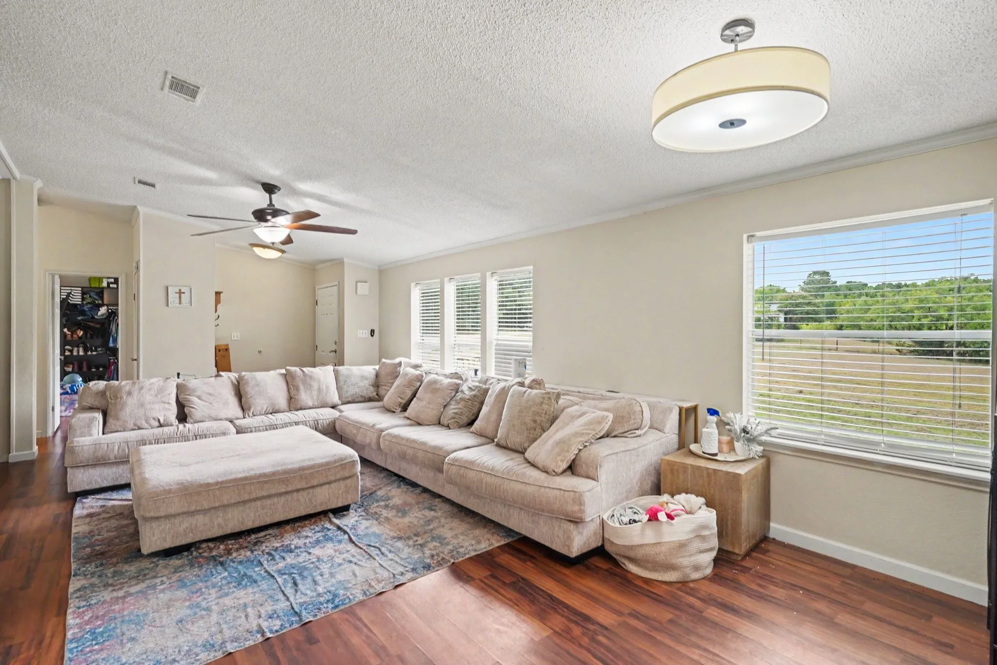 Spacious living area featuring wood-finish flooring, a contemporary ceiling fan, and abundant natural light from multiple windows