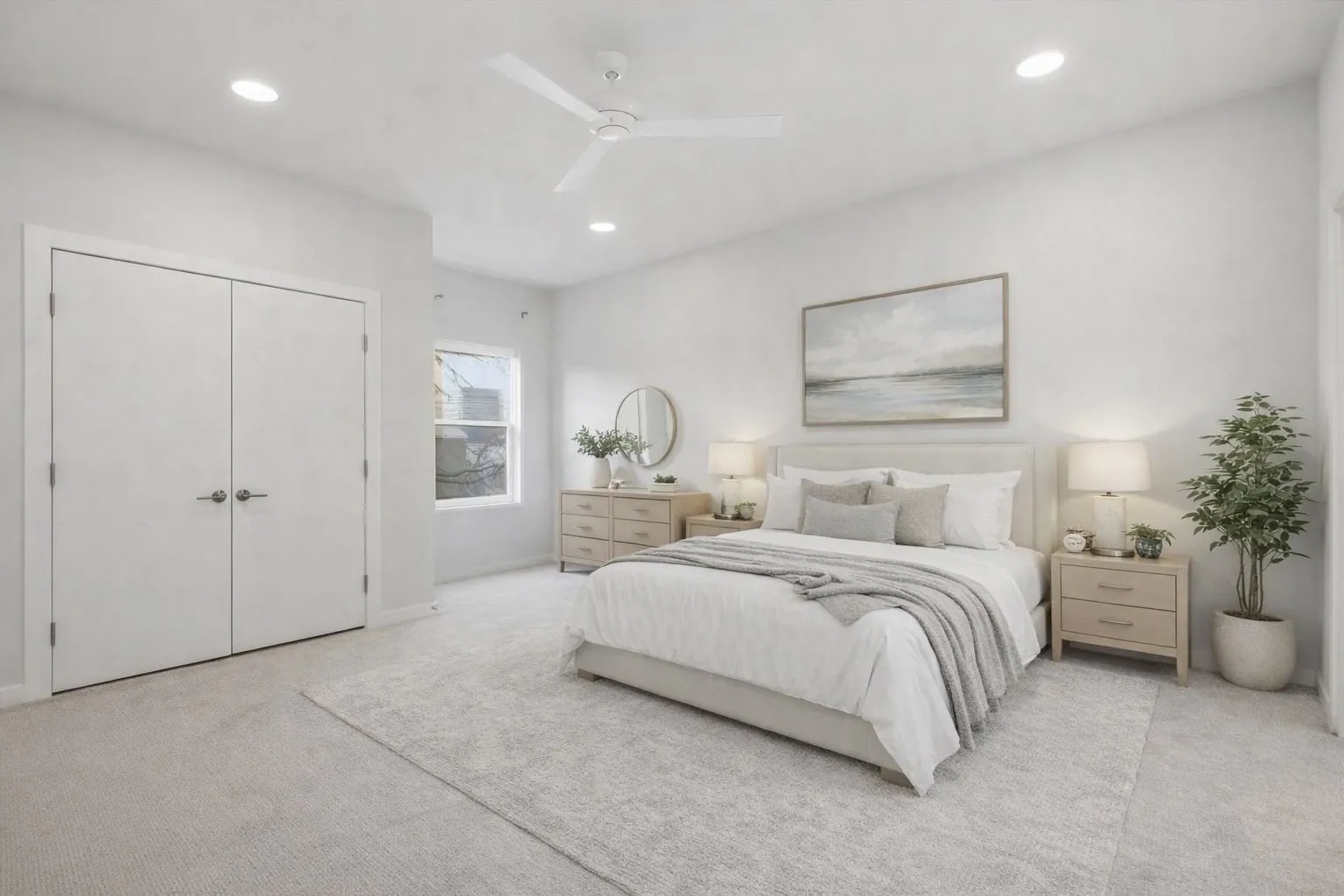 Carpeted bedroom with a ceiling fan, a closet, and recessed lighting