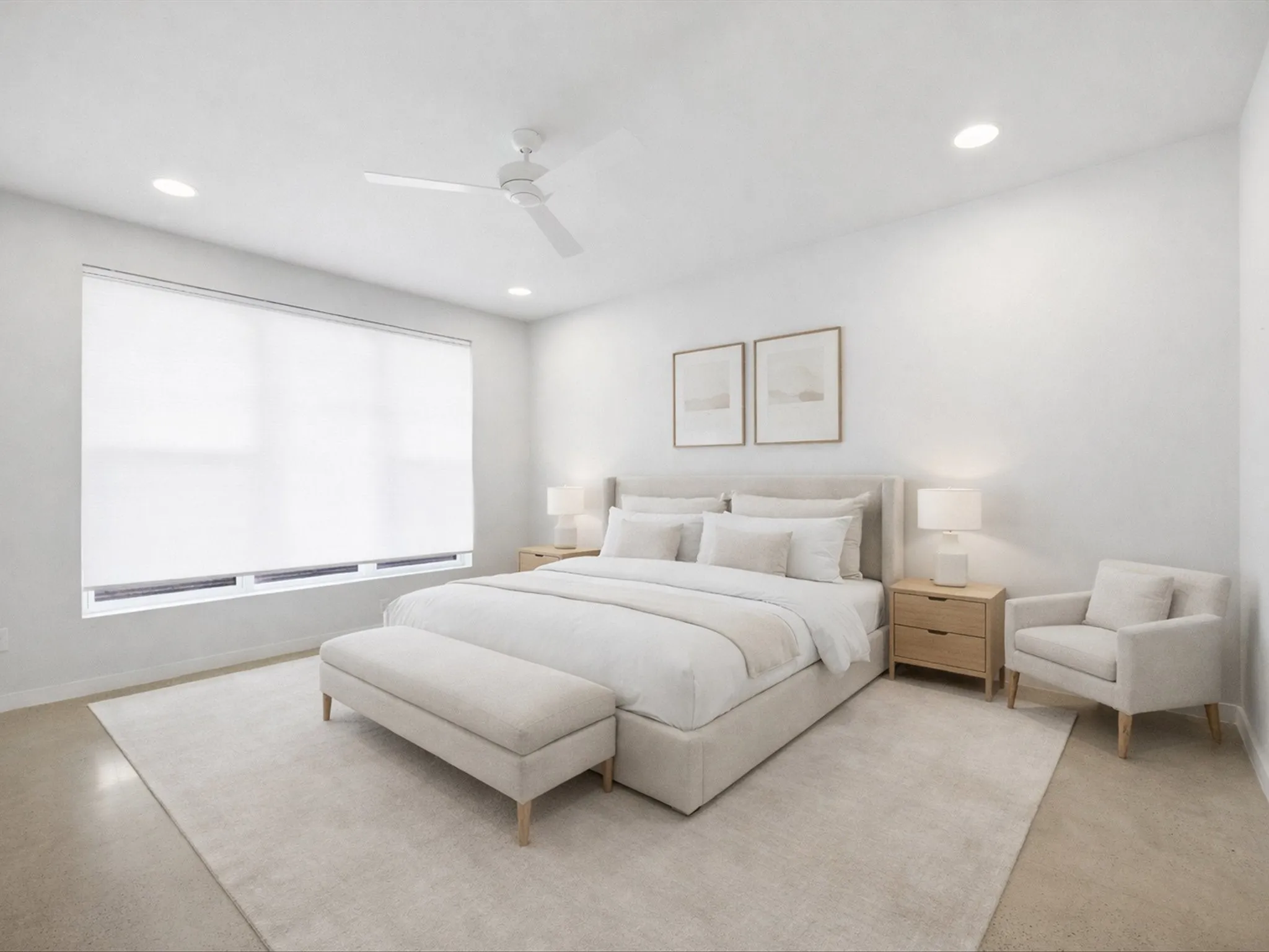 Bedroom with ceiling fan and recessed lighting