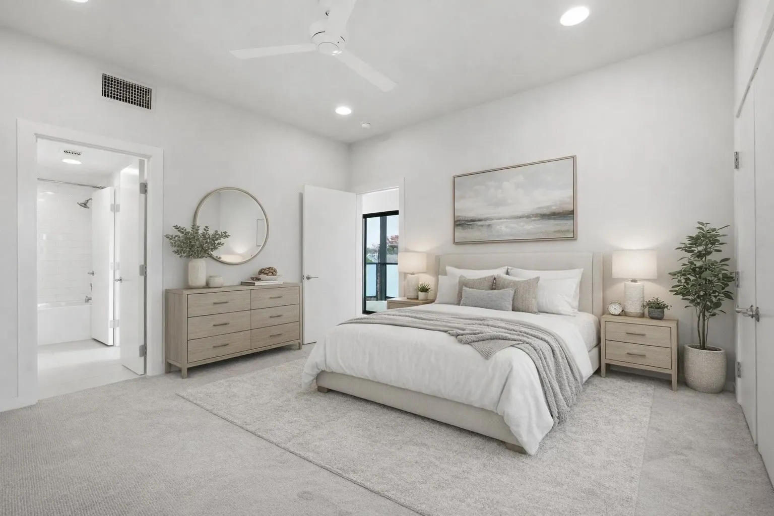 Bedroom featuring ceiling fan, recessed lighting, and carpet