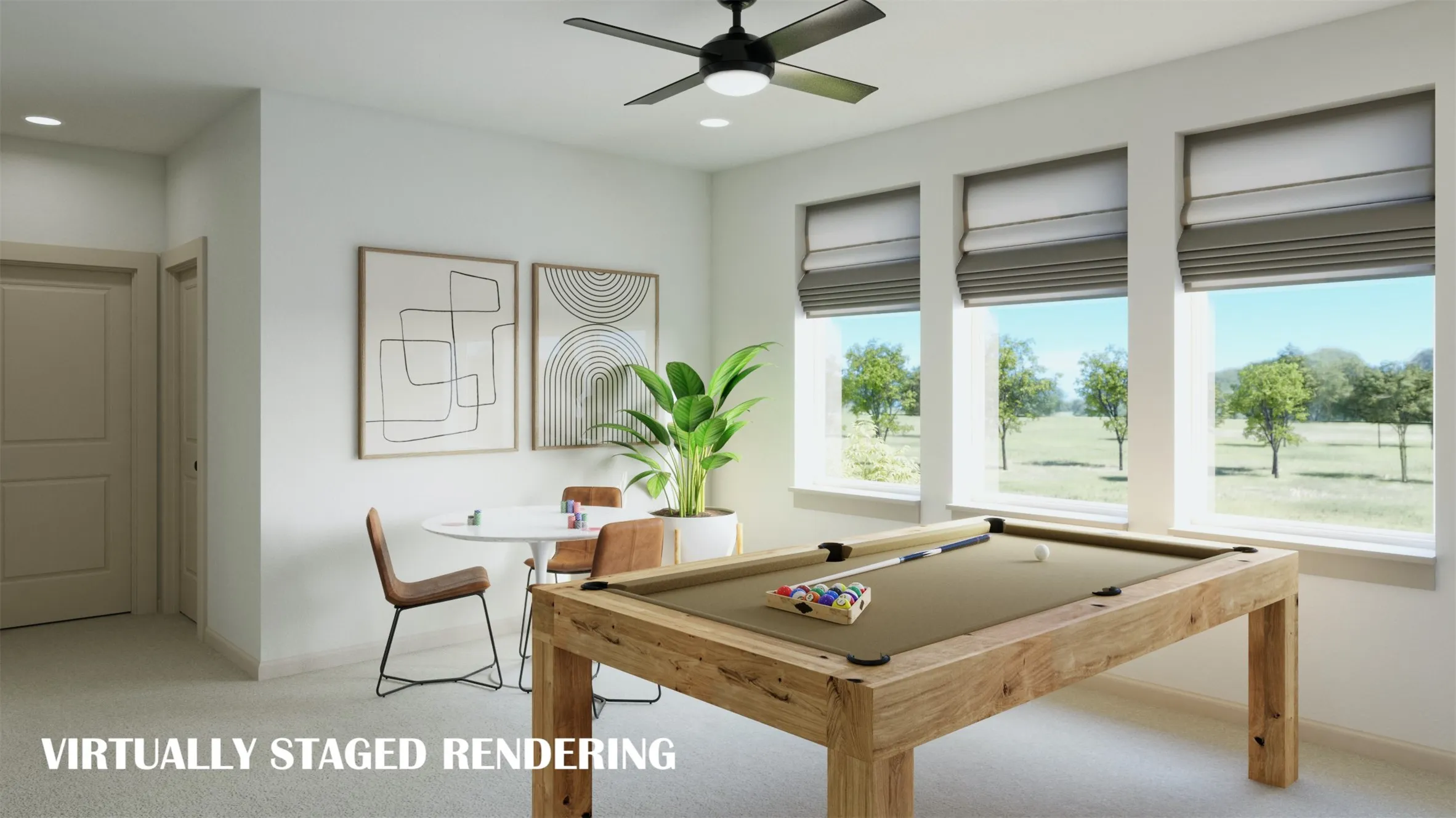 A wall of windows floods your new game room with natural light. VIRTUALLY STAGED RENDERING