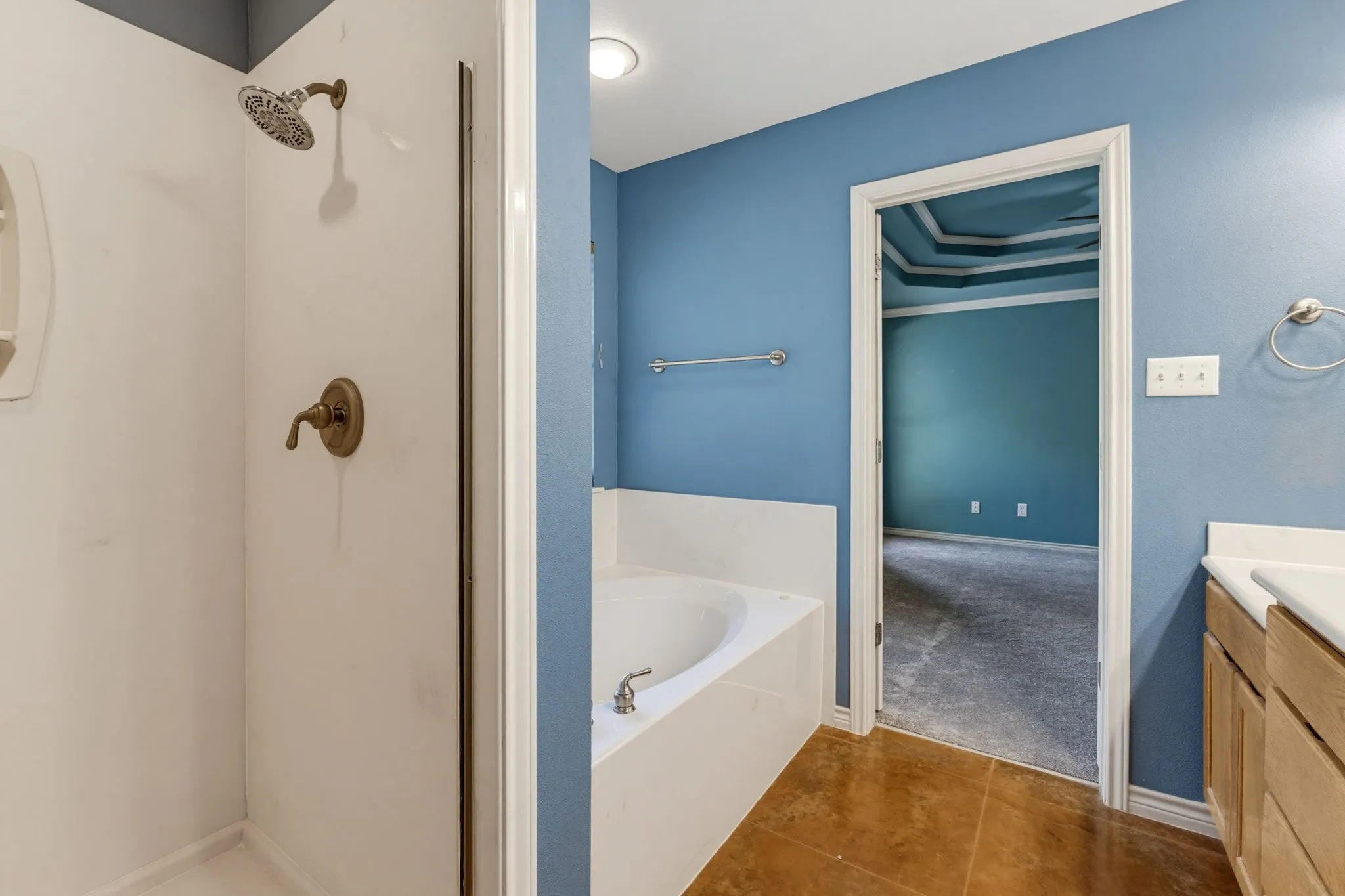 Walk-in shower with bronze-finish fixtures, soaking tub, and wood-finish flooring
