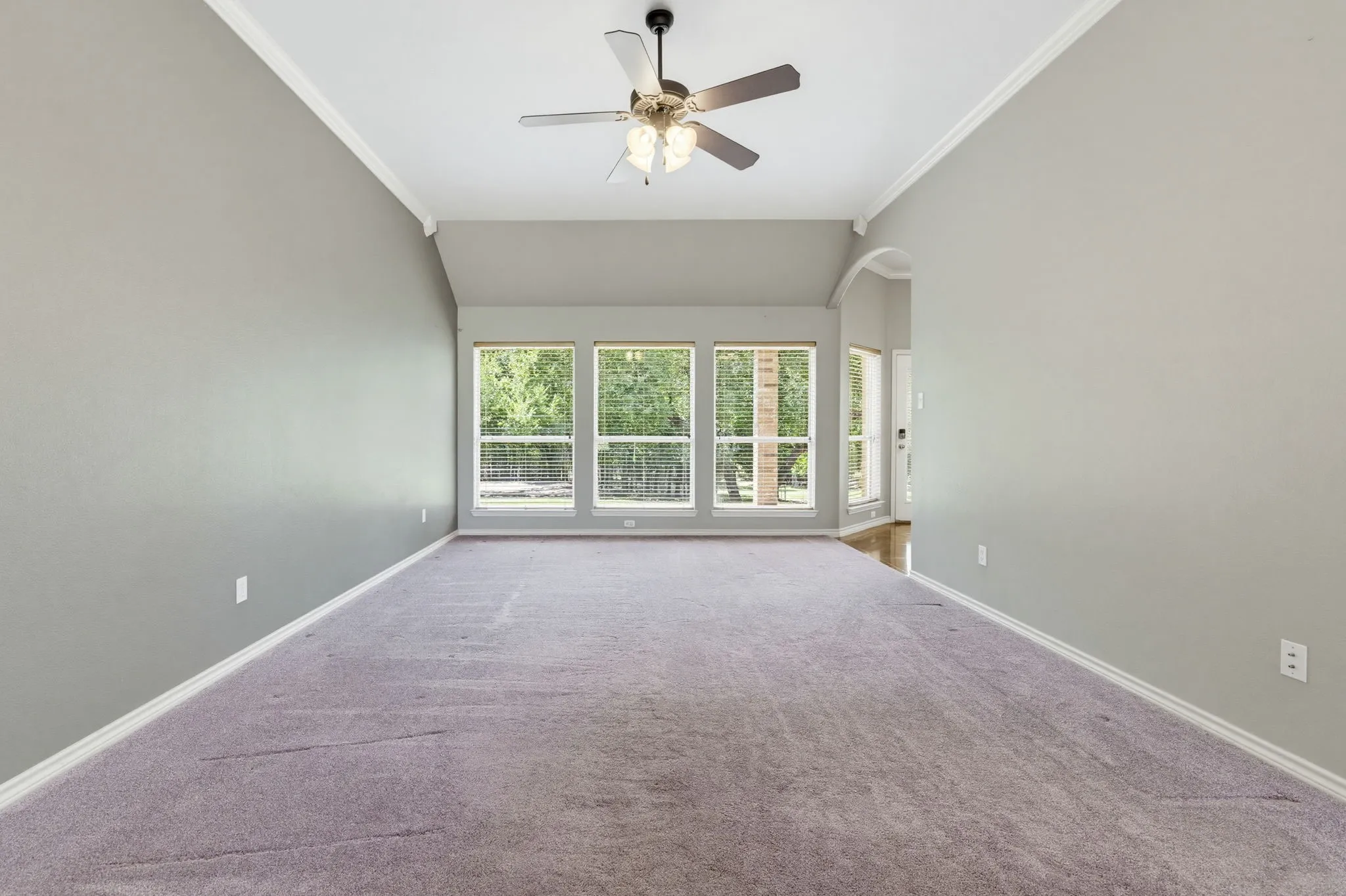 Vaulted ceiling with a ceiling fan