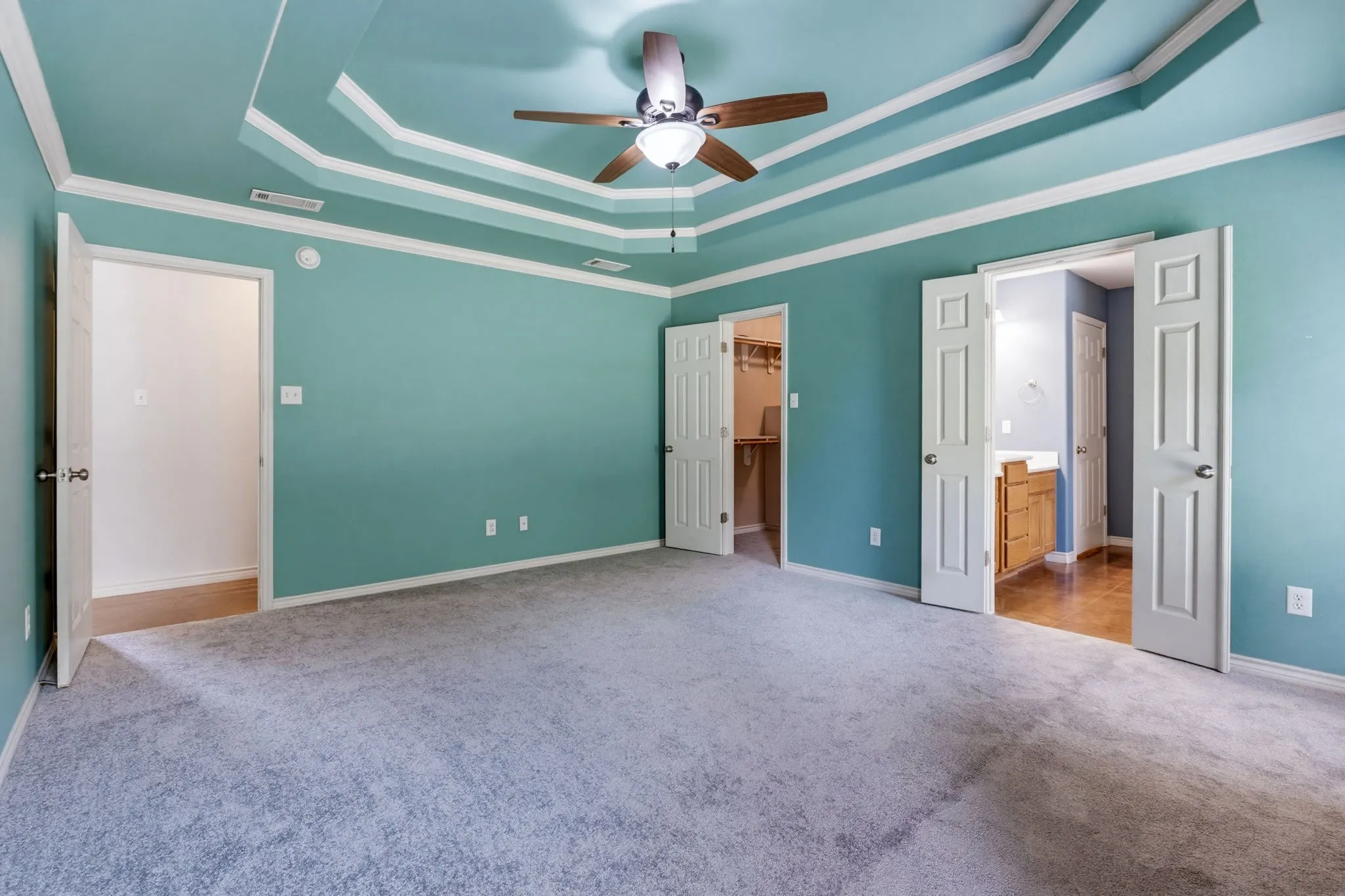 Tray ceiling with crown molding, ceiling fan, carpet flooring, and paneled doors