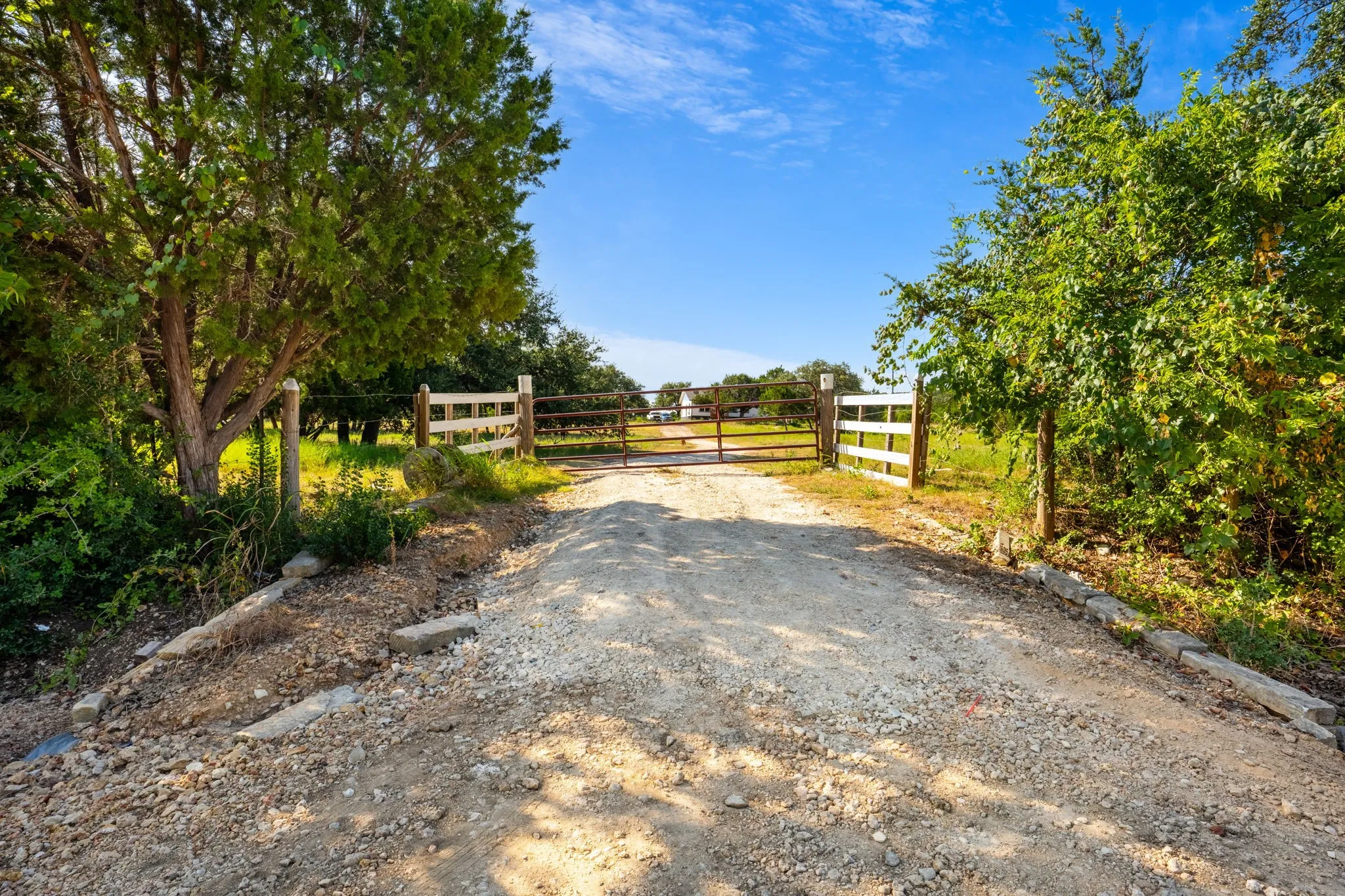 Gravel driveway with a wooden gate and fencing, flanked by mature trees and natural landscaping