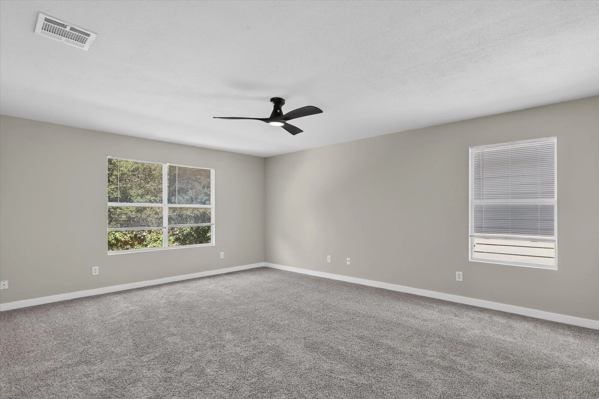 Spacious room featuring neutral carpeting, a contemporary ceiling fan, and multiple windows providing natural illumination