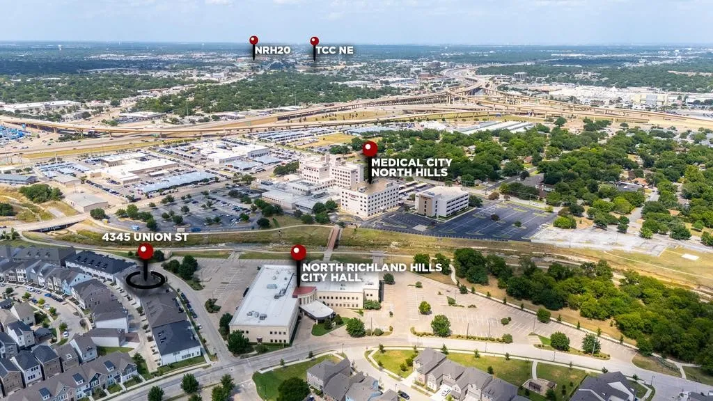 Aerial view showcasing proximity to North Richland Hills City Hall, Medical City North Hills, and TCC NE