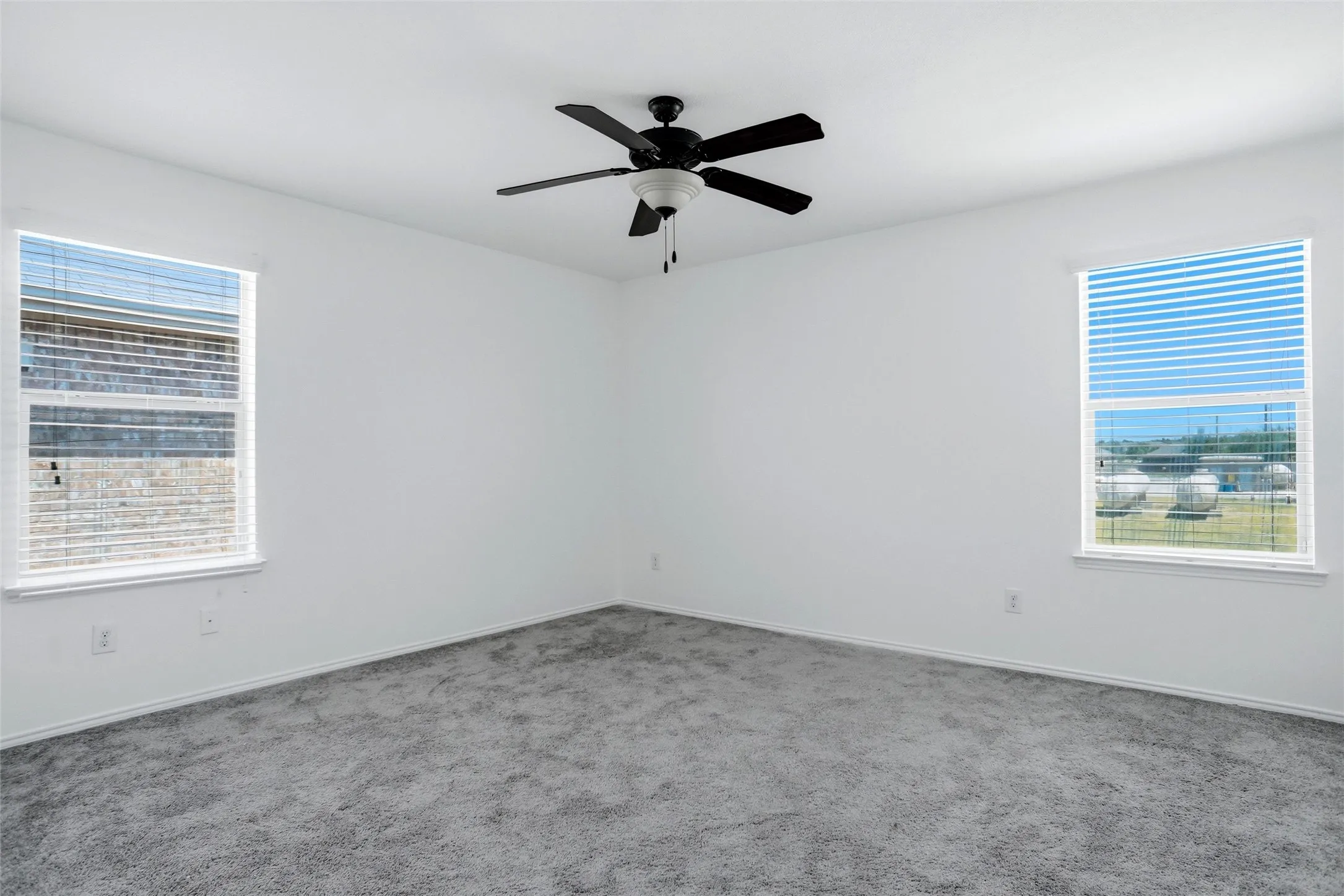 Neutral wall finishes with a ceiling fan light fixture, two windows, and gray carpeting
