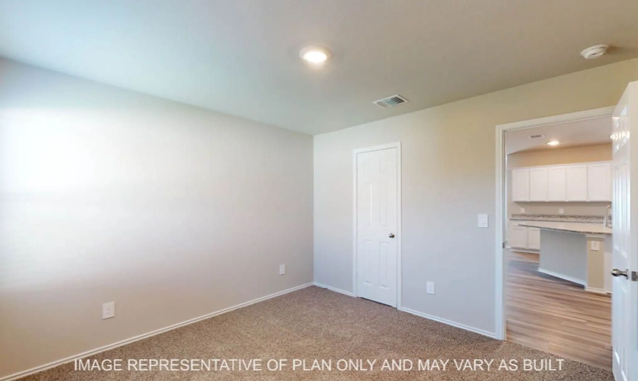 Carpet flooring with light-toned walls and an overhead flush-mount light