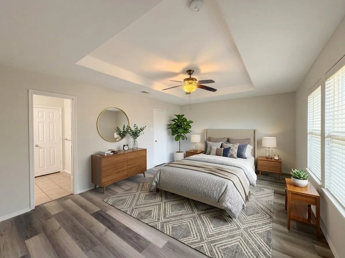 Tray ceiling, wood-finish flooring, ceiling fan with light fixture, window with blinds, panel door