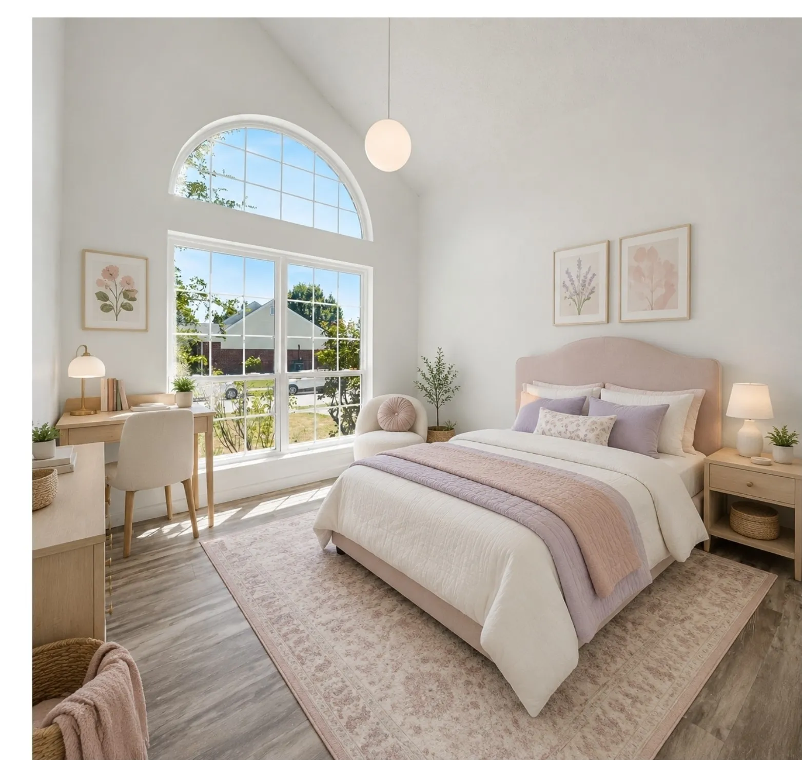 AI Staging. High vaulted ceilings, wood-finish flooring, and large arched window