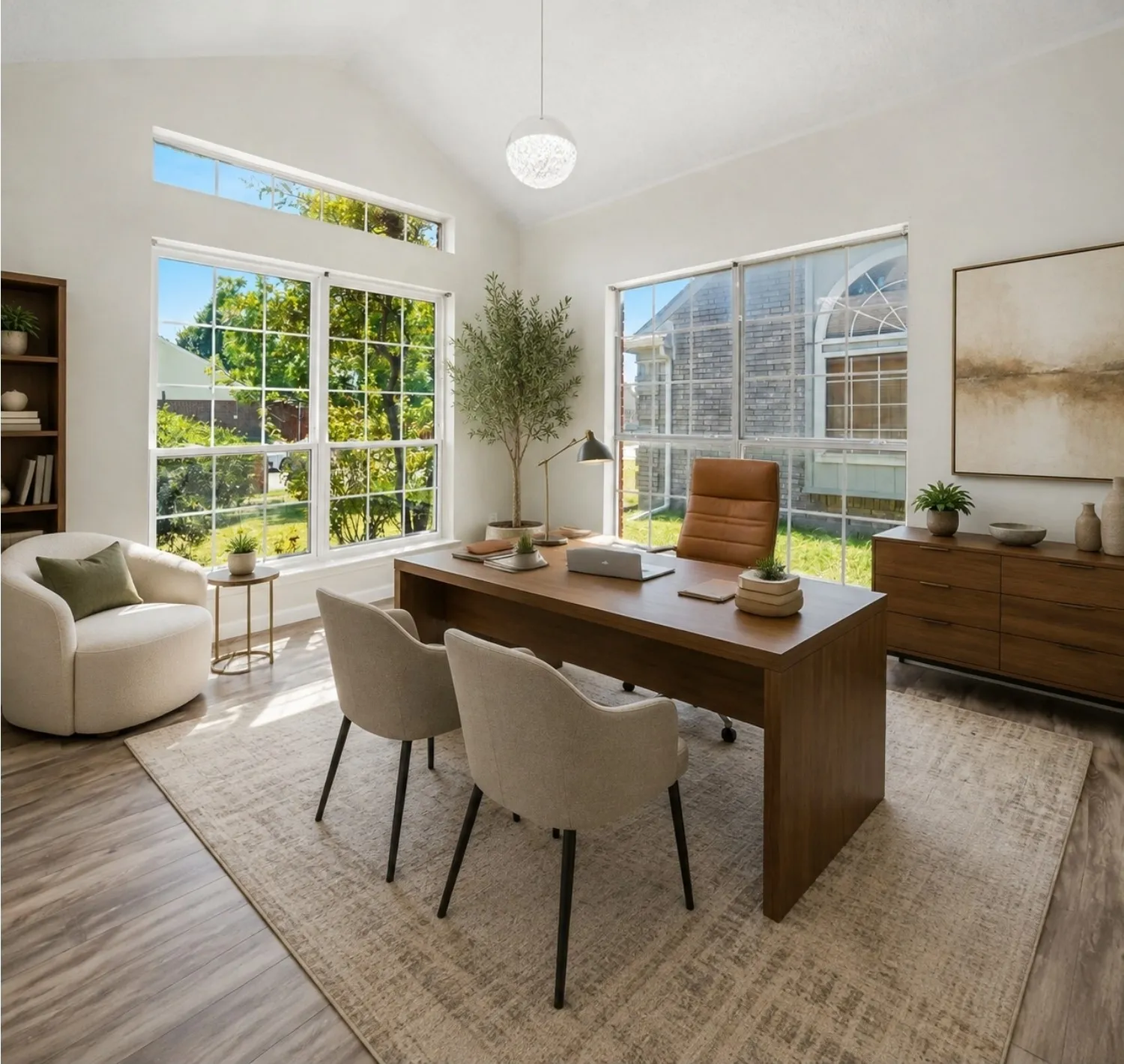 AI Staging. Vaulted ceiling with an attached spherical light fixture, large pane windows, wood-finish flooring.