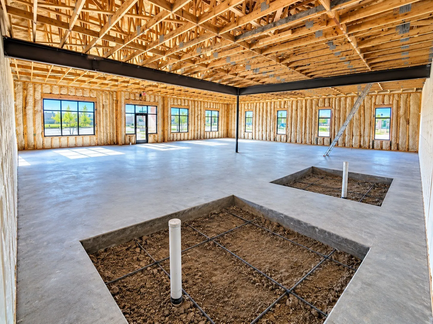 Expansive open space with concrete flooring, exposed wood beam ceiling, and multiple large windows