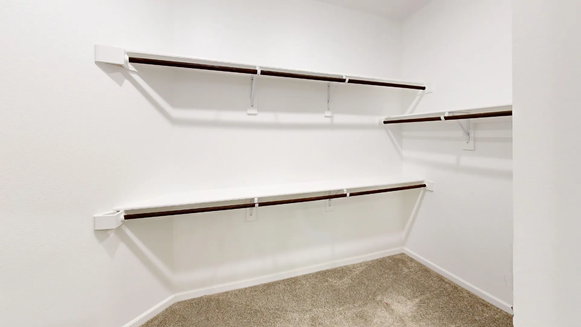 Wall-mounted shelving system with hanging rods and carpet flooring