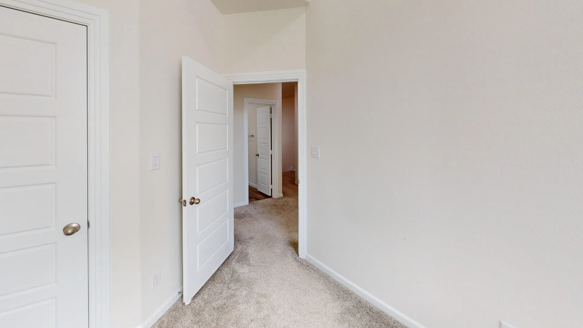 Light-toned wall finishes, paneled interior doors, and carpeted flooring