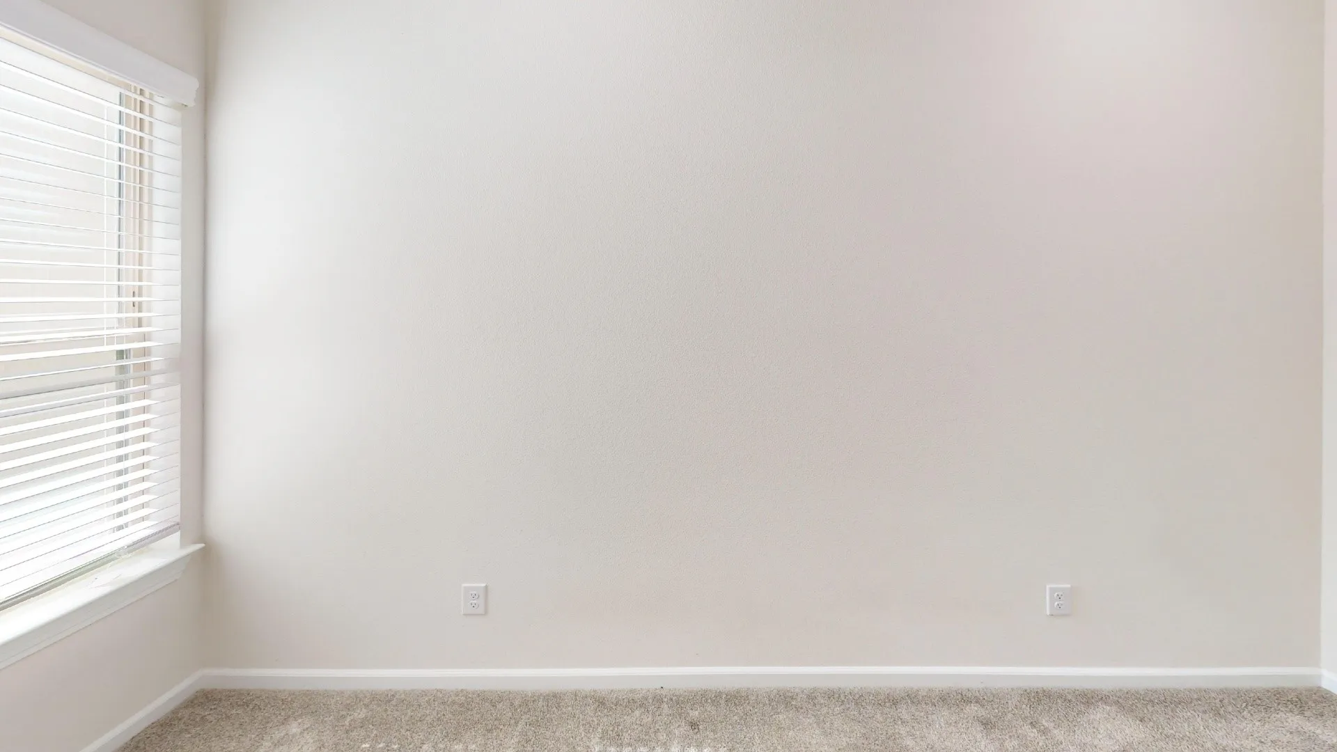 Light-colored wall finishes, window with horizontal blinds, and carpeted flooring