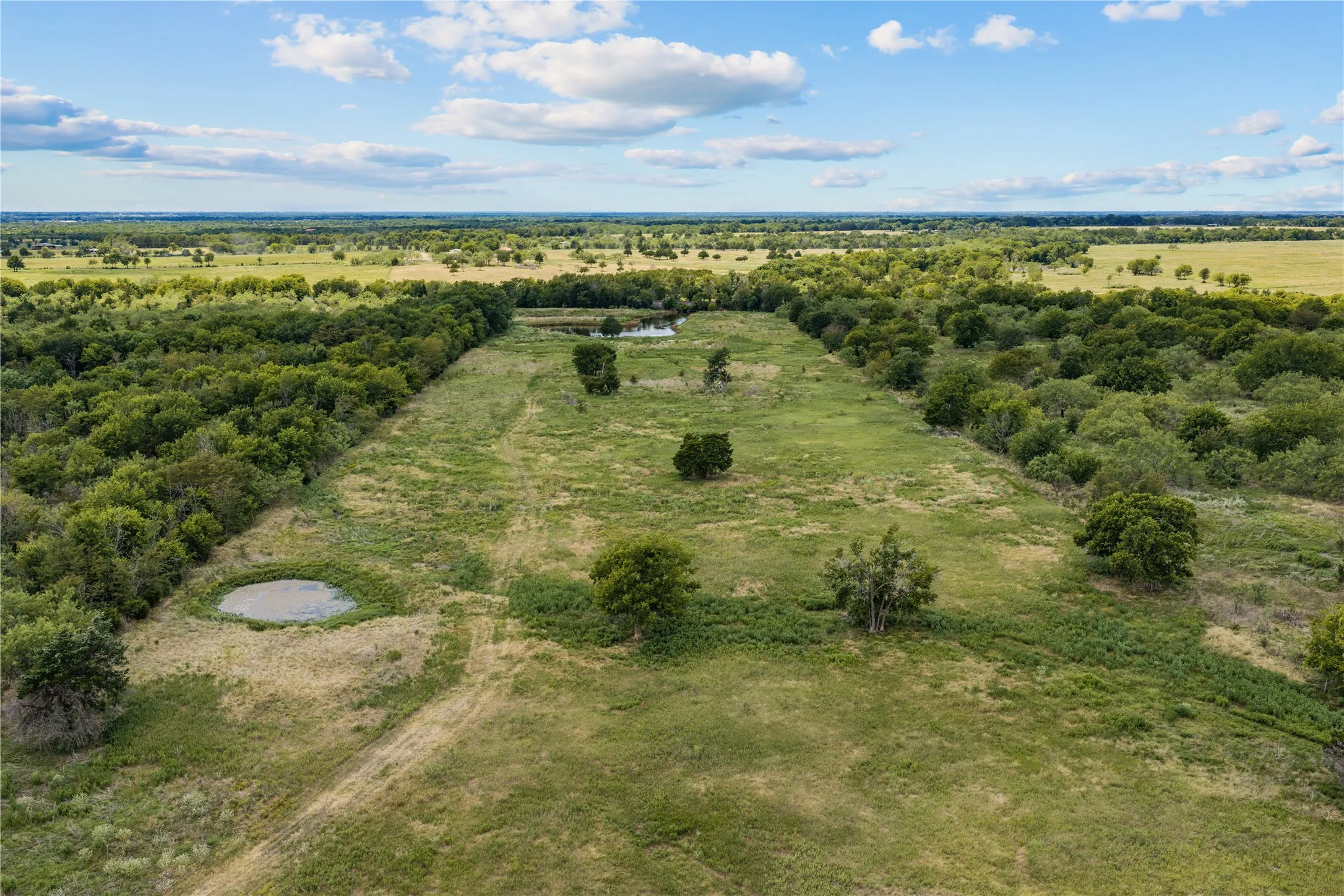 Expansive rural landscape featuring mature trees, open grassland, and two distinct ponds