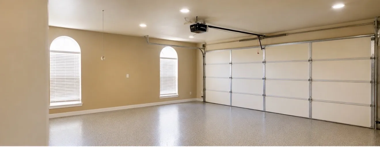Two-car garage with arched windows, recessed lighting, and an epoxy floor