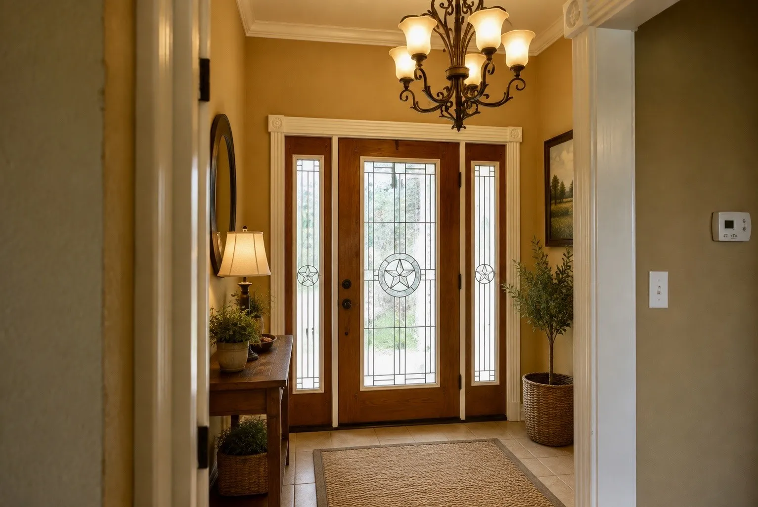 Entryway featuring a wood-finish door with decorative glass, side lights, and transom window, complemented by a multi-light chandelier and tile flooring
