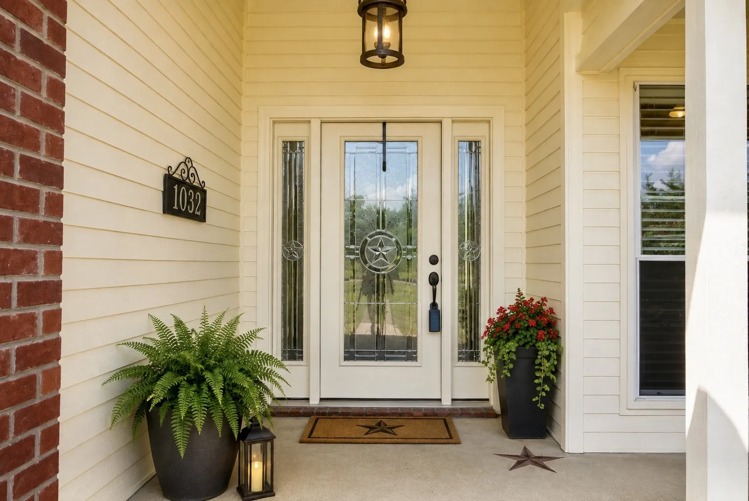 Entryway featuring a decorative glass-paneled door with sidelights, a transom window, and a wall-mounted light fixture
