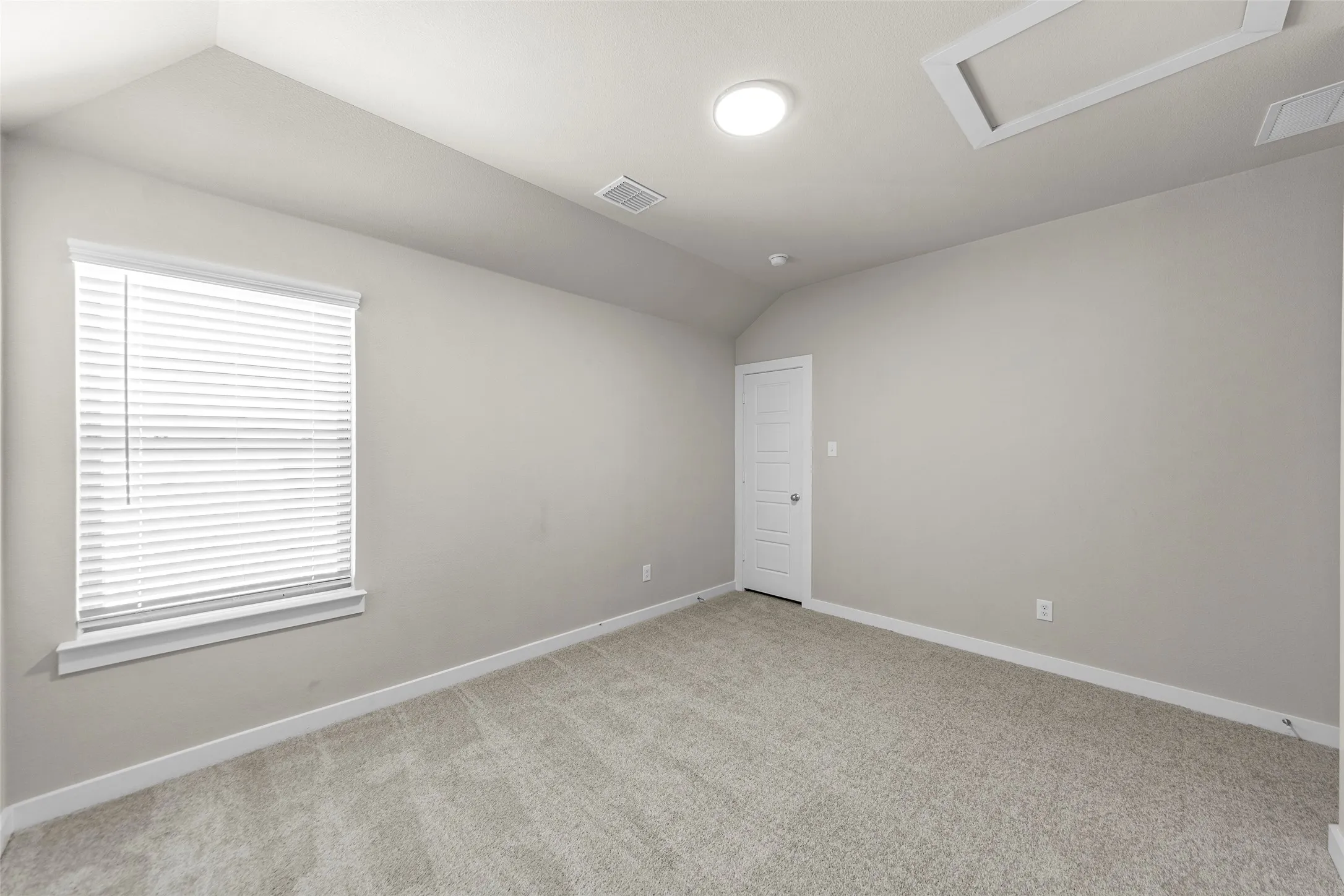Carpeted room featuring a white paneled door, flush-mounted ceiling light, and window with blinds