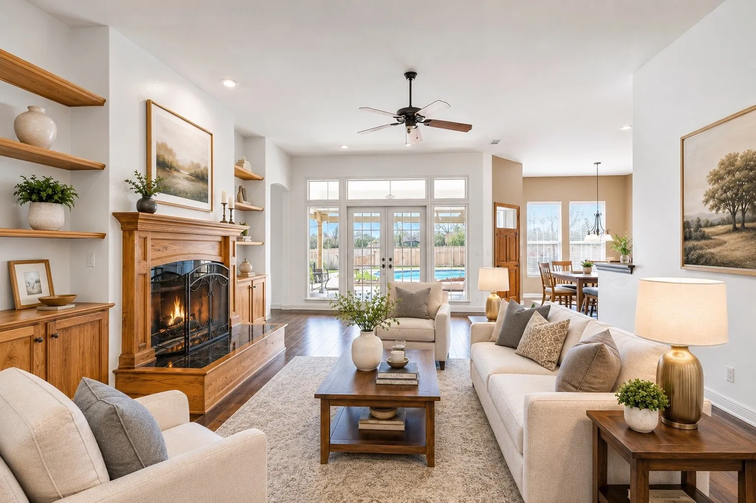 Wood-finish flooring throughout, fireplace with wood mantel and black hearth, built-in shelving and cabinetry, French doors to exterior, and recessed lighting