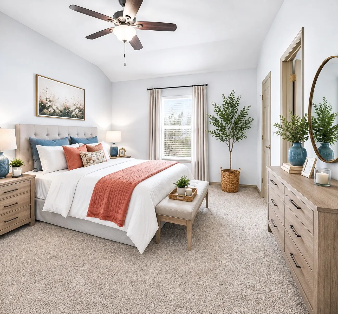 Vaulted ceiling with a ceiling fan, light-toned carpeting, and a window with blinds