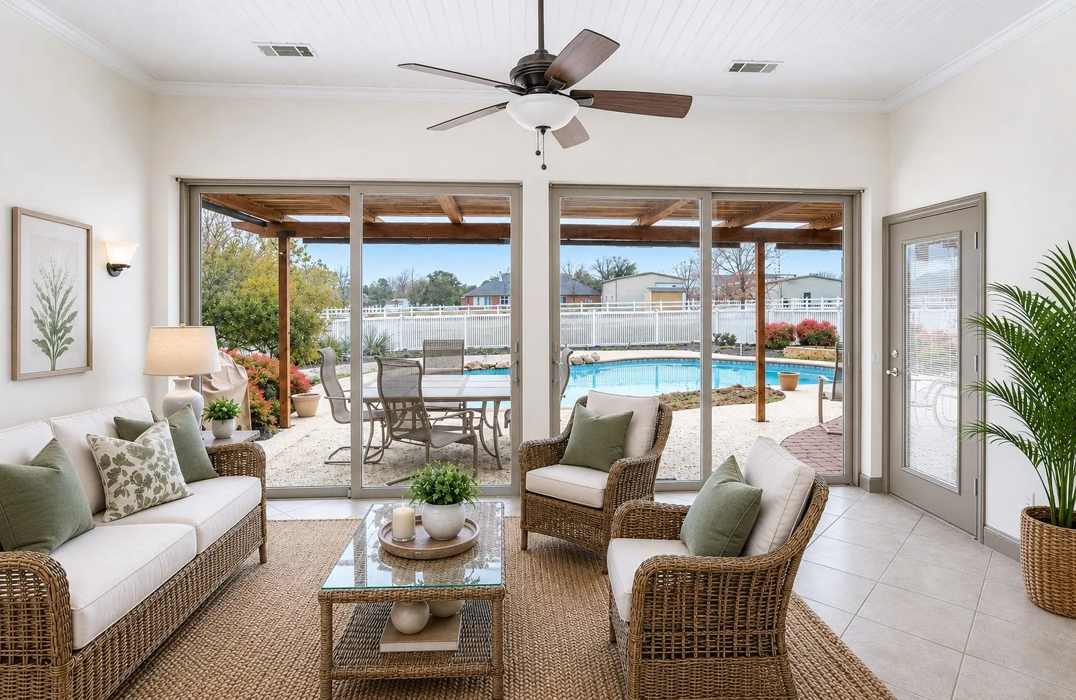 Sunroom with Sliding glass doors opening to an outdoor patio with a swimming pool, wood-paneled ceiling, and a ceiling fan