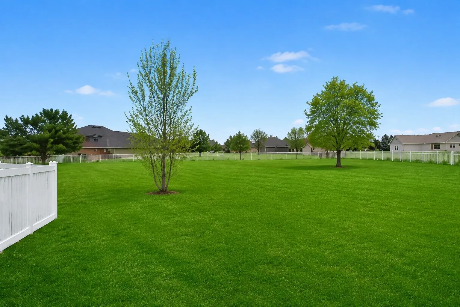 Expansive lawn area featuring a white perimeter fence, mature trees, and a clear blue sky