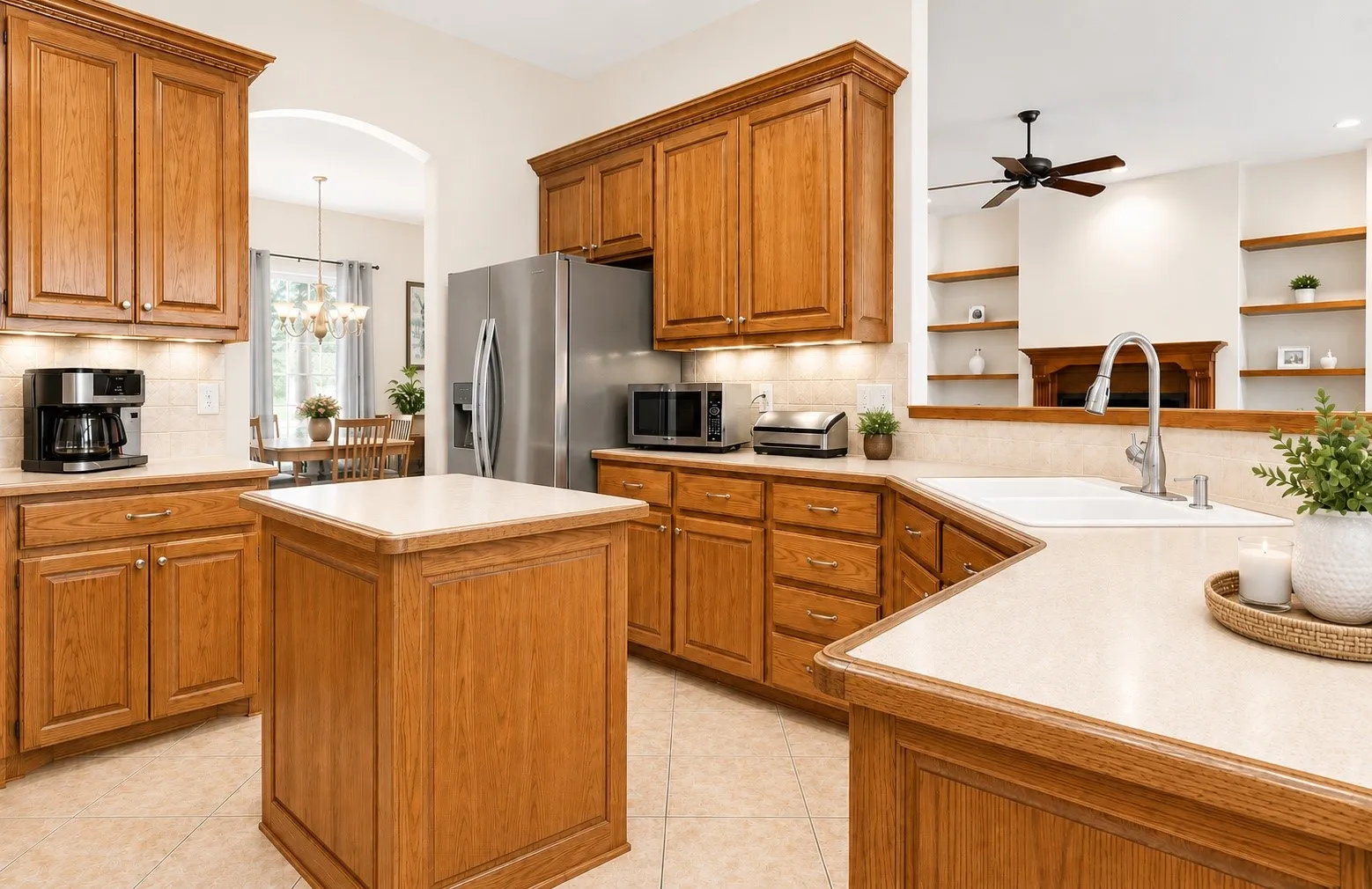 Kitchen featuring wood cabinetry, a central island, stainless steel appliances, a white double-basin sink, and recessed lighting
