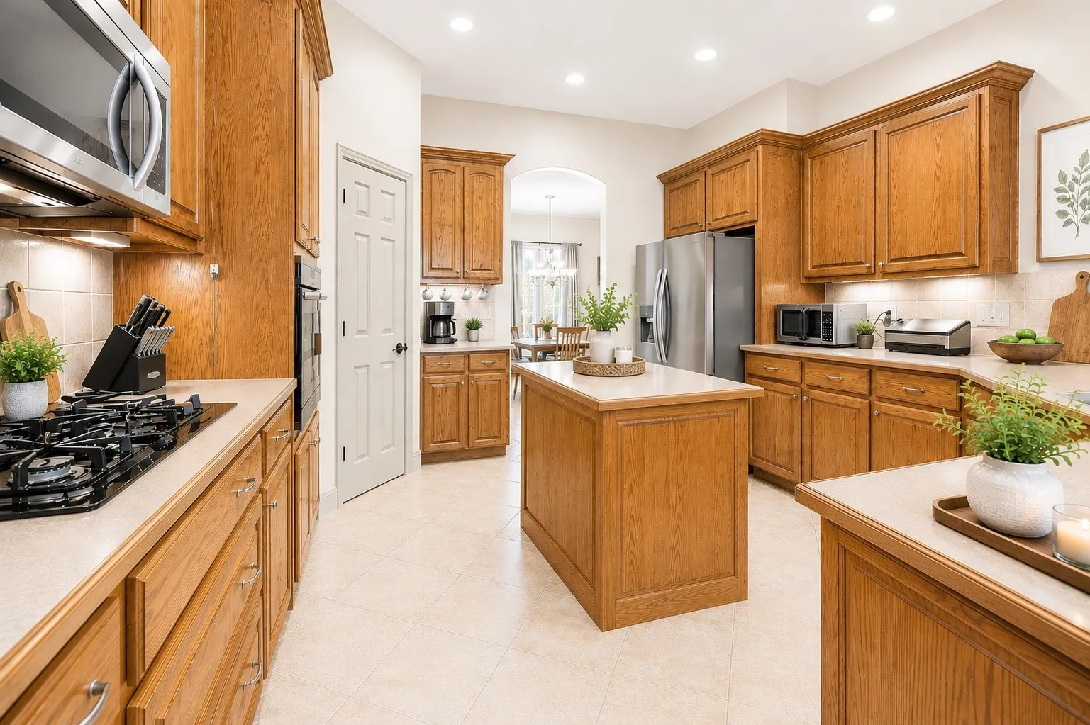 Kitchen featuring wood cabinetry, stainless steel appliances, a central island, recessed lighting, and tile flooring