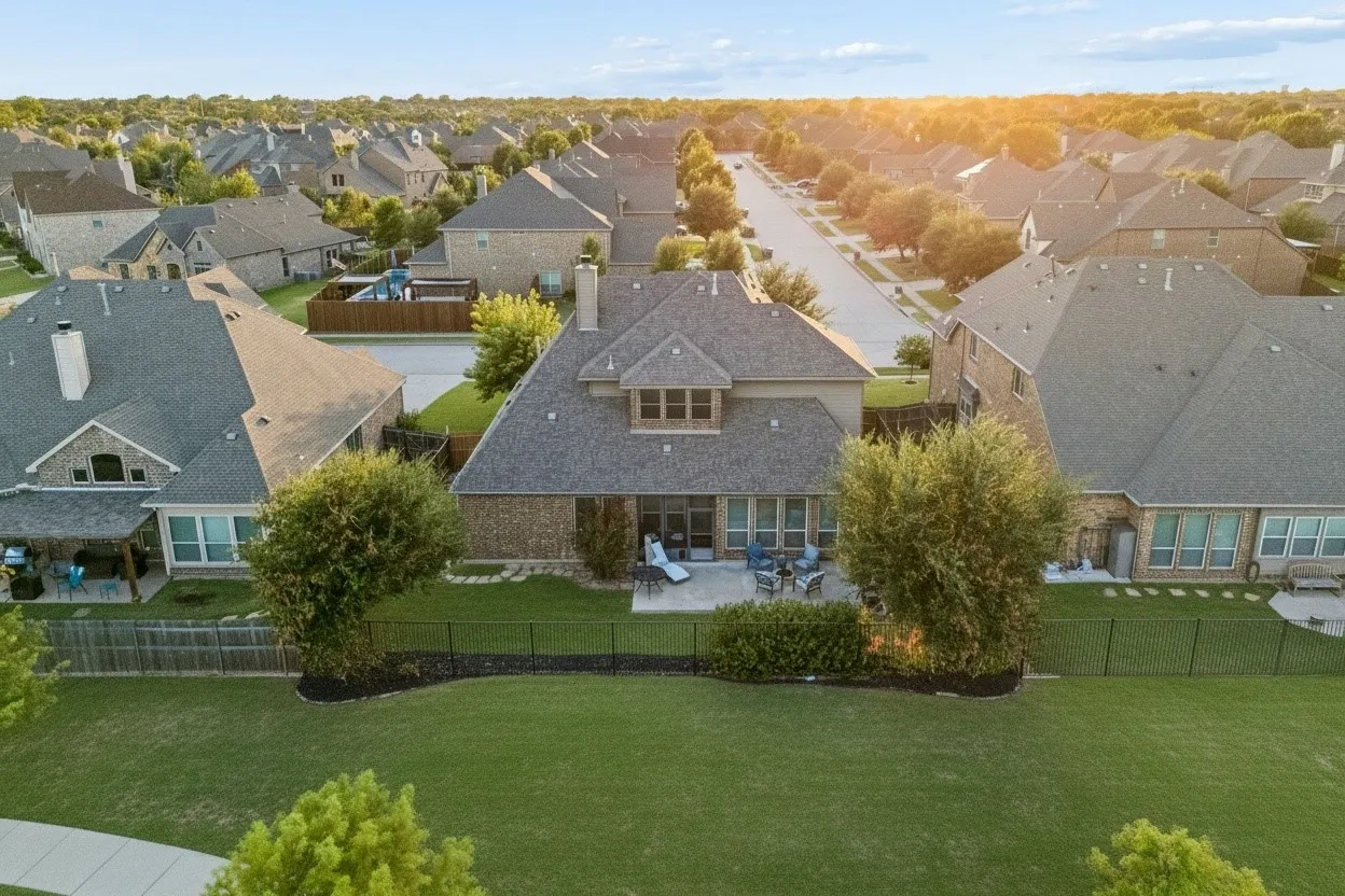 Aerial view highlights the home's position along the greenbelt and the surrounding Sachse neighborhood.