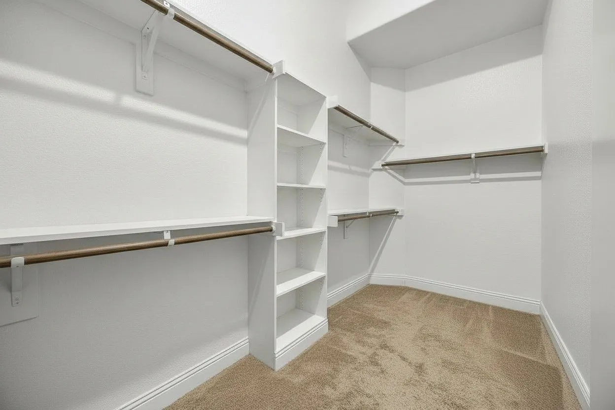 Spacious primary walk-in closet offers built-in shelving and multiple hanging areas for organized storage.