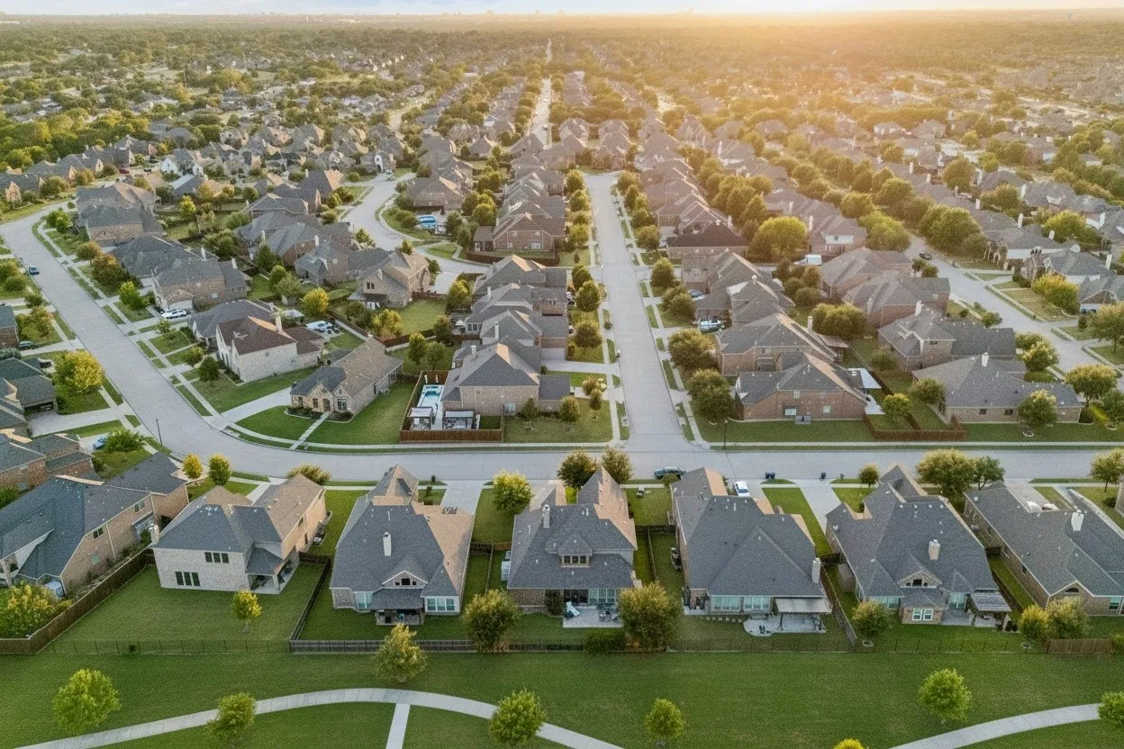 Aerial perspective showcases the established neighborhood and surrounding North Texas community.