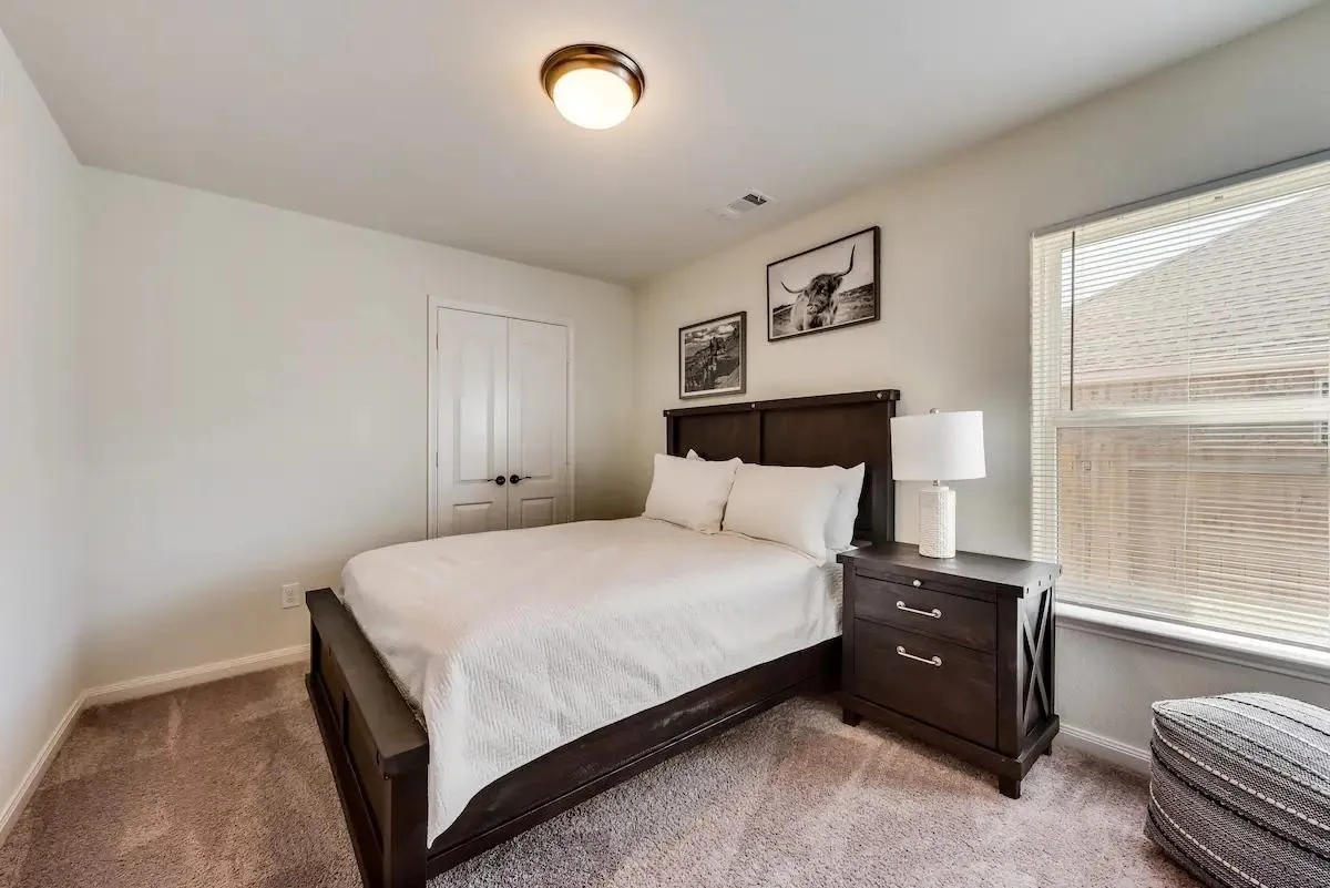 Plush carpet flooring, a flush-mount ceiling light fixture, and a window with blinds
