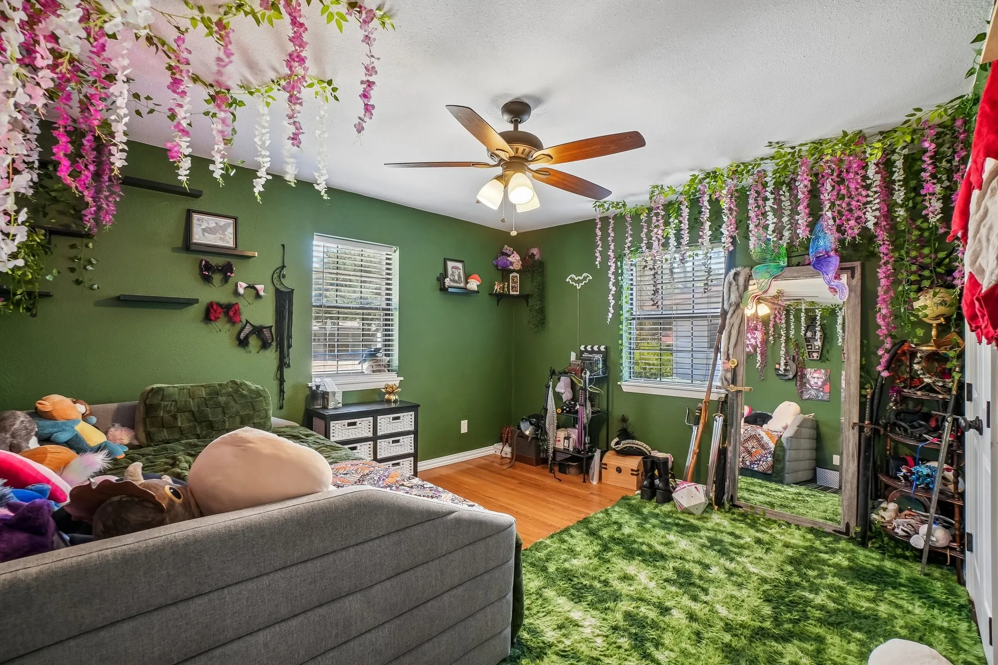 Bedroom with built in seating and storage bench.