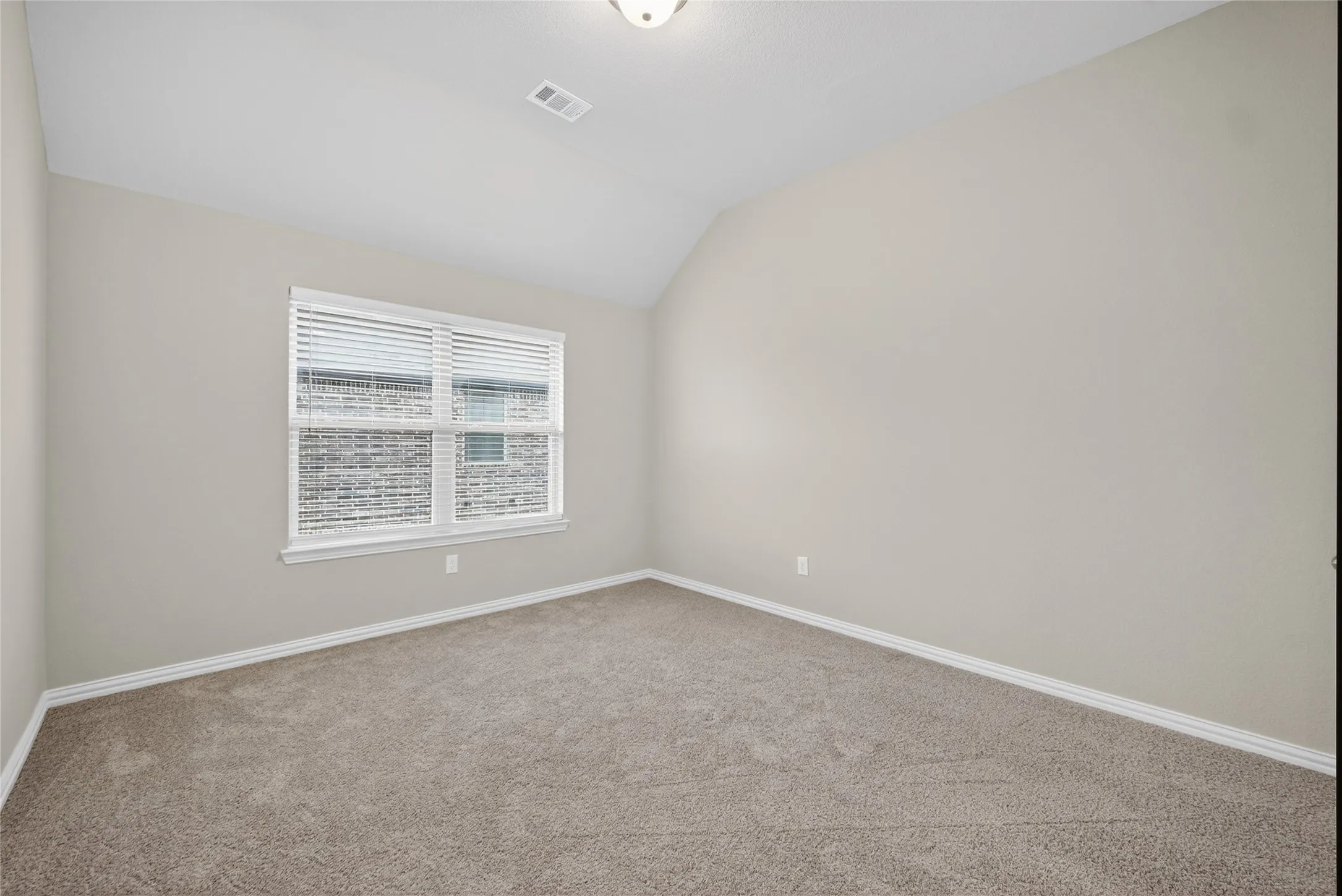 Sloped ceiling accentuating the room's height, neutral wall tones, window with horizontal blinds, and plush carpet flooring