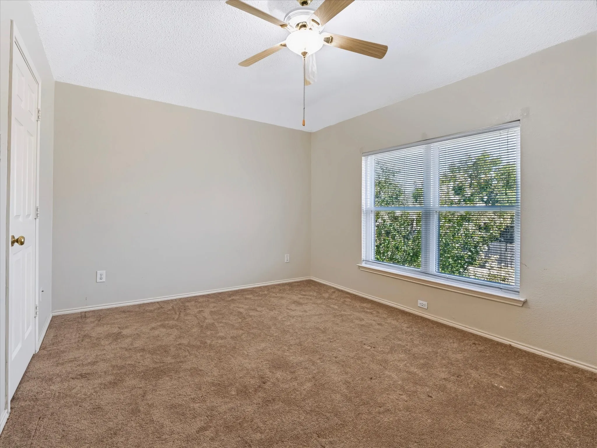 Neutral wall tones, carpeted flooring, and a ceiling fan with integrated lighting