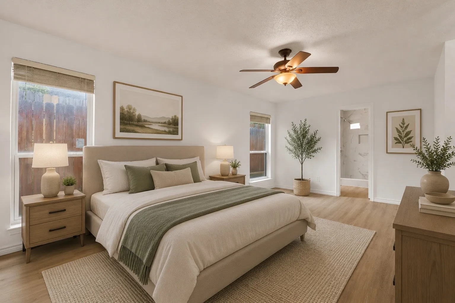 Spacious room featuring wood-finish flooring, a ceiling fan with integrated lighting, and multiple windows