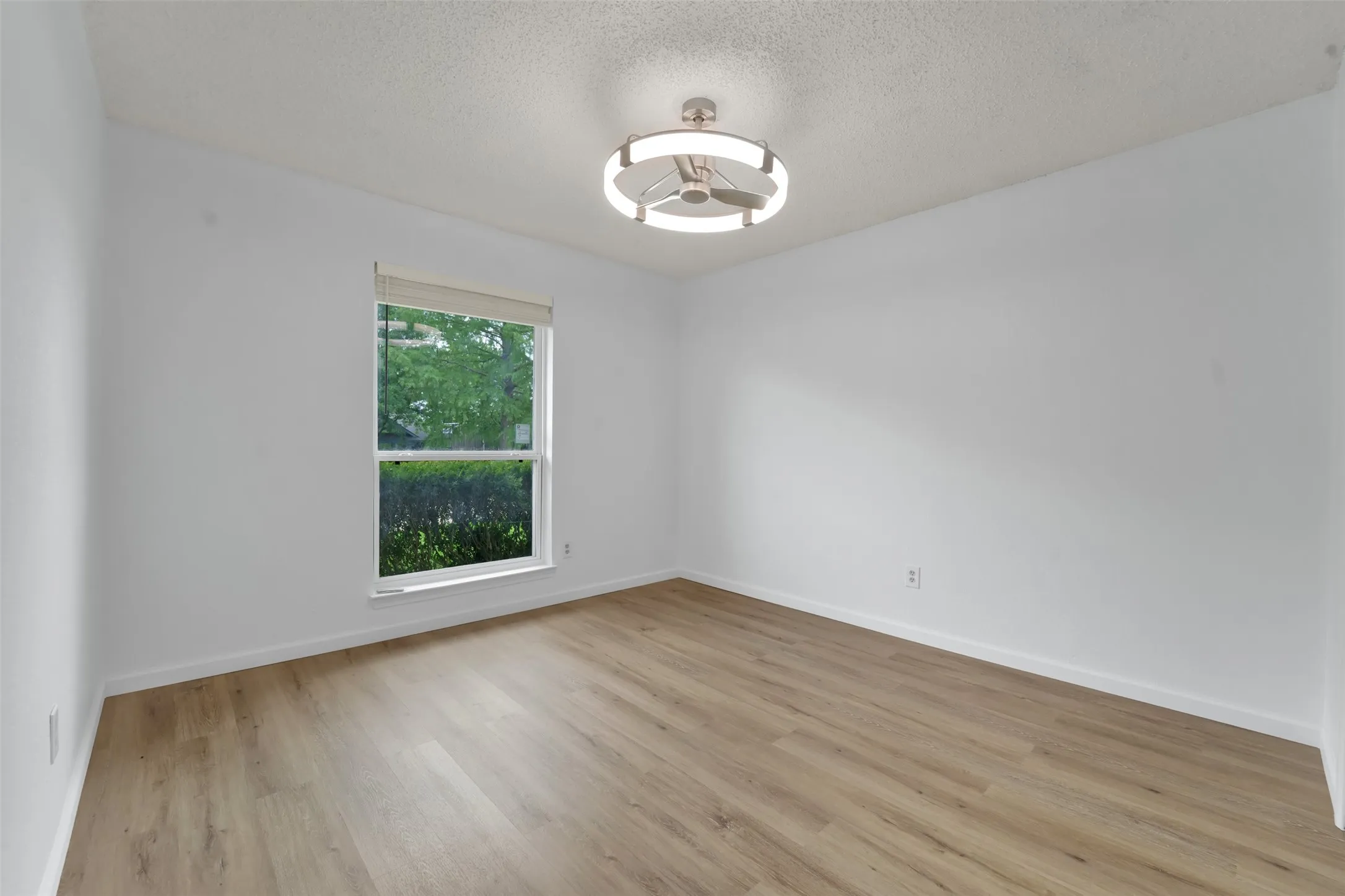 Bright bedroom featuring wood-finish flooring, large window with natural light, and modern ceiling fixture with integrated lighting