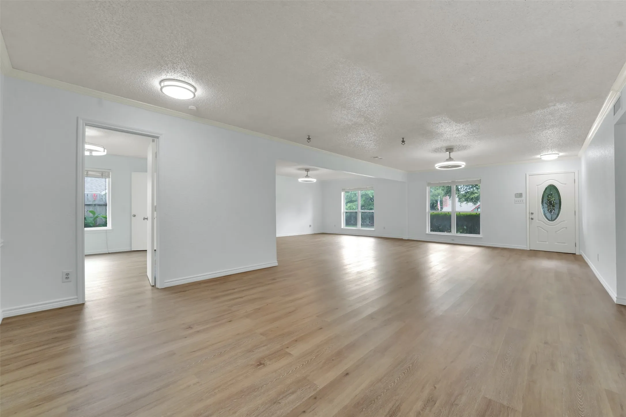 Wood-finish flooring throughout, white painted walls, multiple windows with exterior views, and a front entry door with an oval glass insert