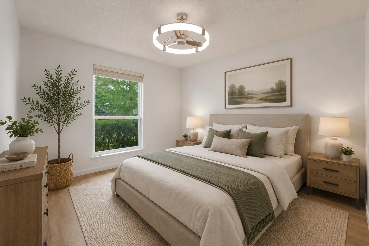 Recessed lighting, wood-finish flooring, light-colored walls, ceiling fan with integrated lighting, window with roller shade