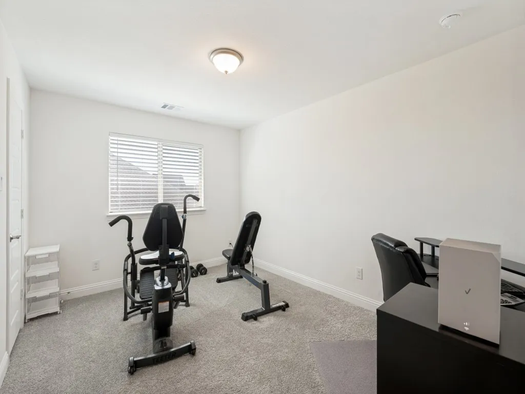 Carpeted room with a window, ceiling-mounted light fixture, and white painted walls