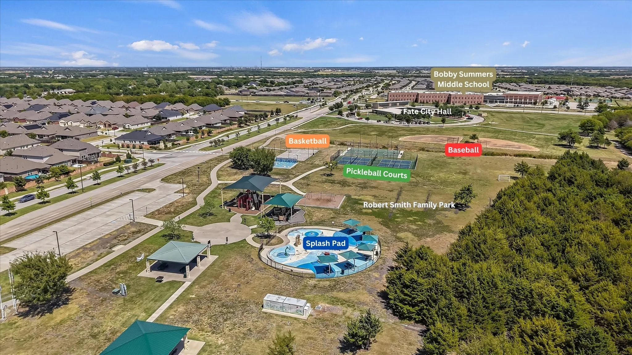 Enjoy nearby amenities within easy walking distance, including a splash pad, playground, pickleball, basketball, baseball and open green space at Robert Smith Family Park.