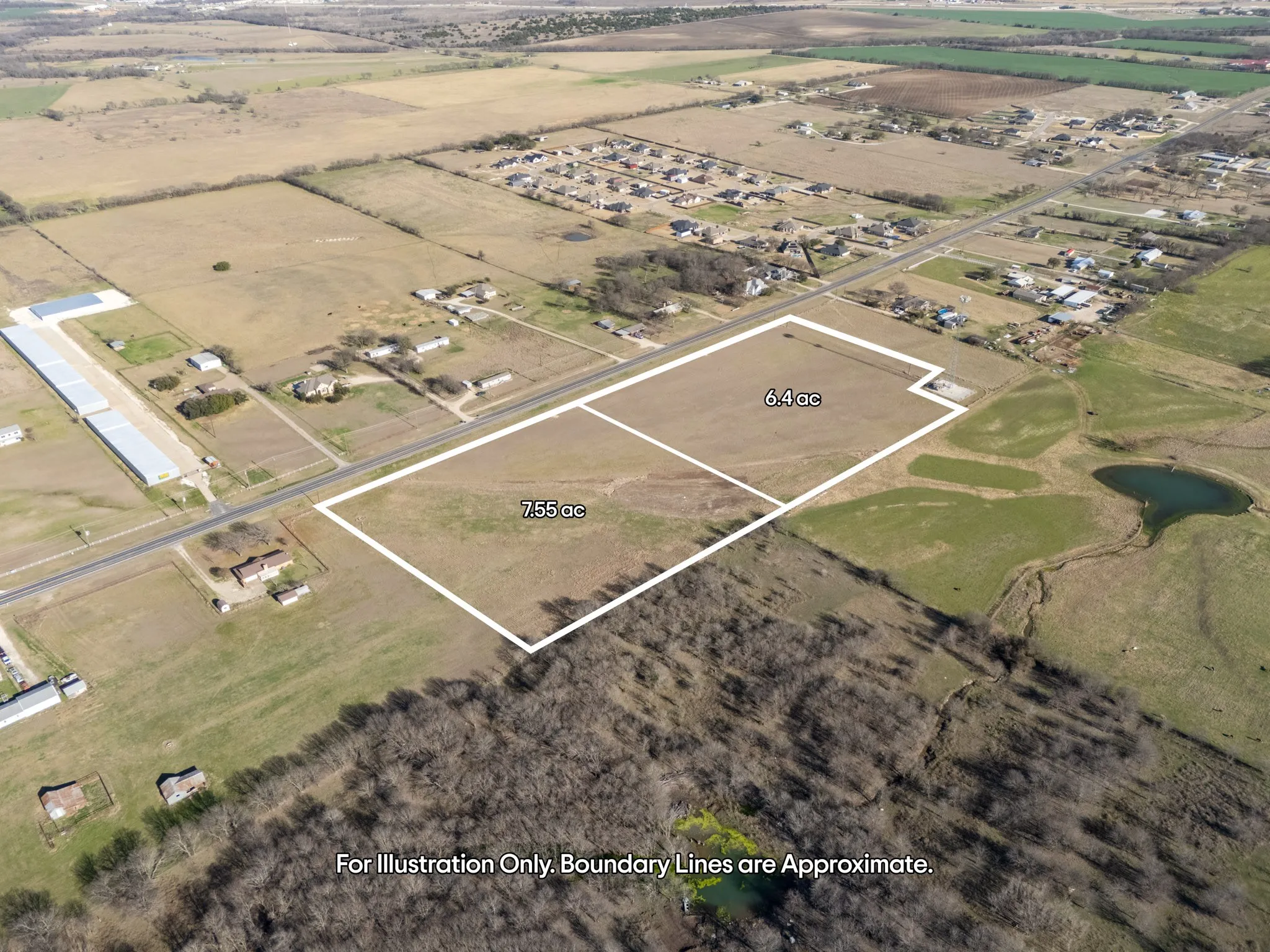 Expansive land parcel featuring 7.55 acres and an additional 6.4 acres, bordered by a public road and undeveloped land